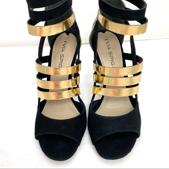 Via Spiga Suede Strap High Heel Sandal in Gold & Black - Picture 3 of 11